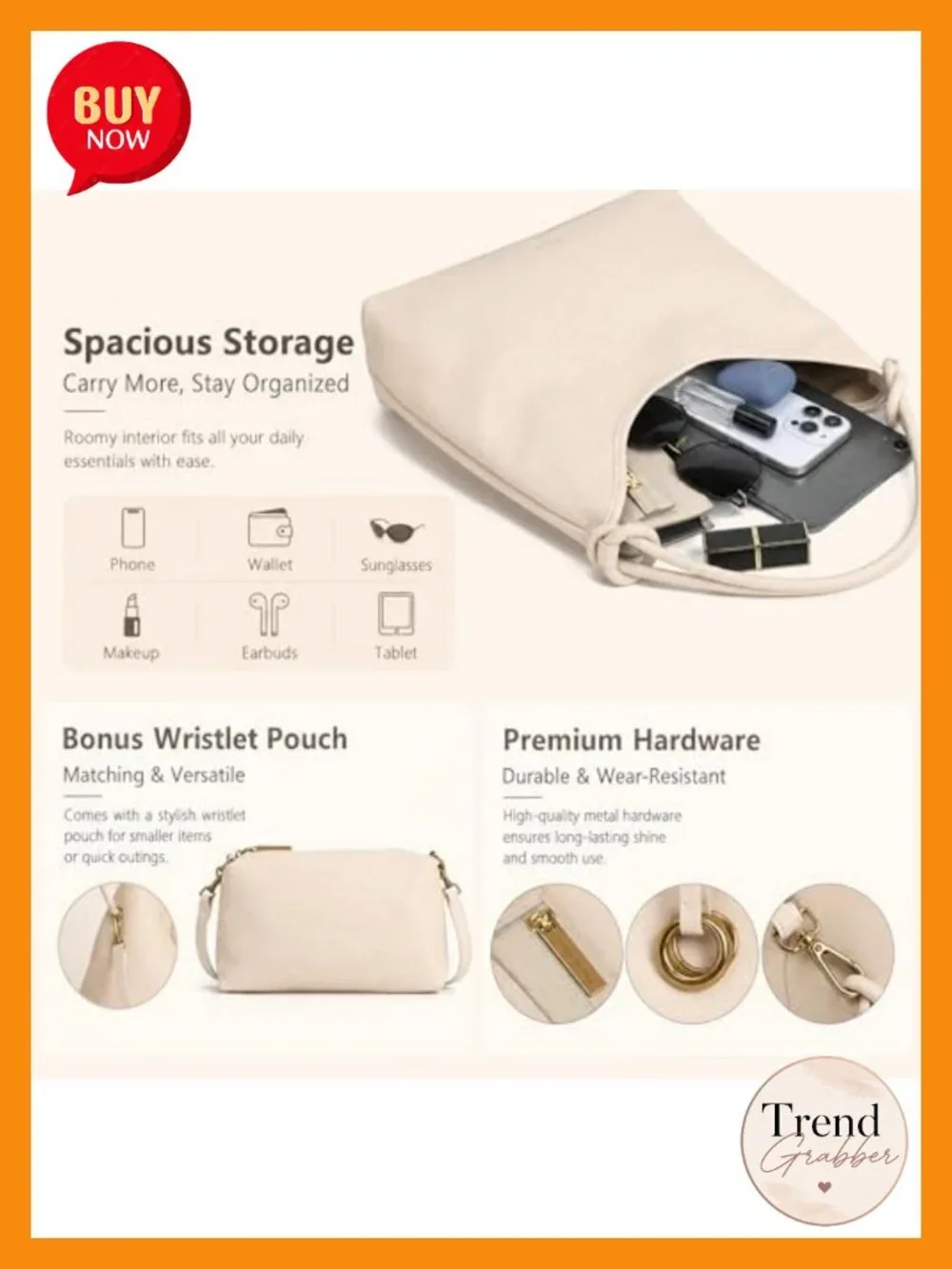 2-in-1 Hobo Bag Set with Detachable Pouch, Vegan PU Leather Tote Shoulder
